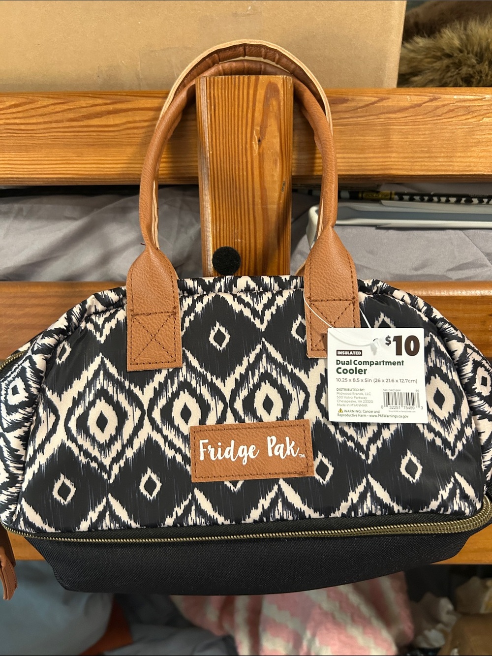 Women's Black & White Patterned Dual-Compartment Travel Cooler Tote